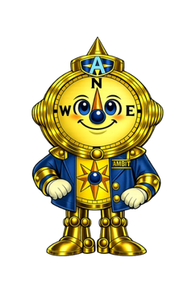 Ambit, a golden compass character in a navy jacket