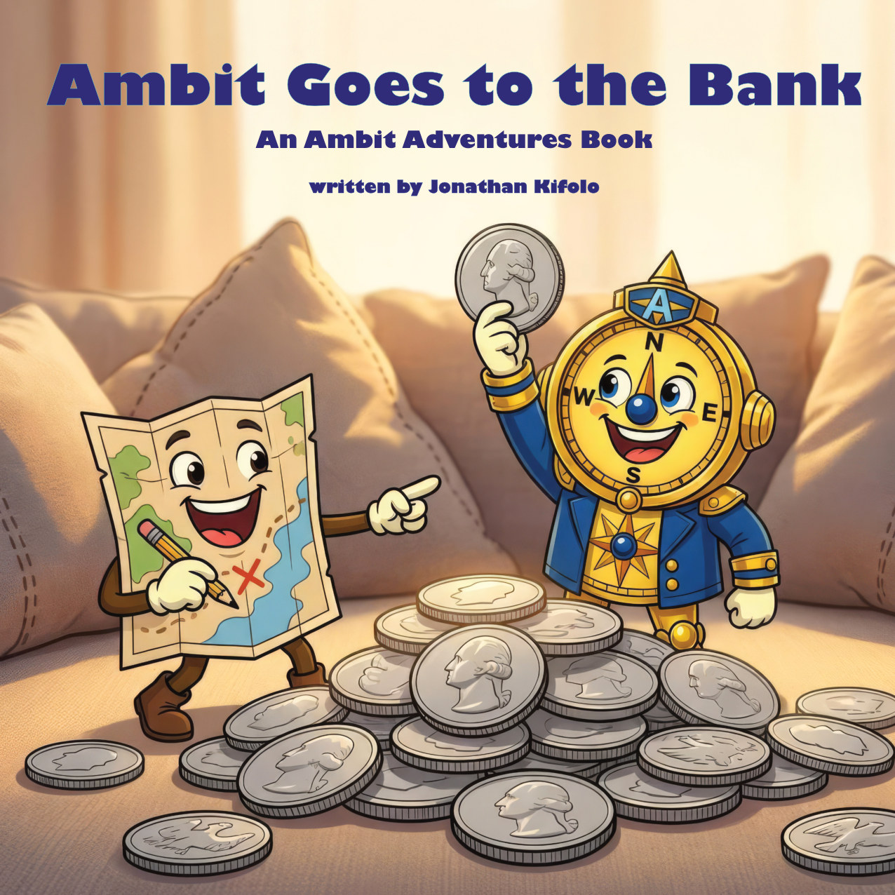 Cover of Ambit Goes to the Bank — Ambit and Atlas standing over a pile of coins