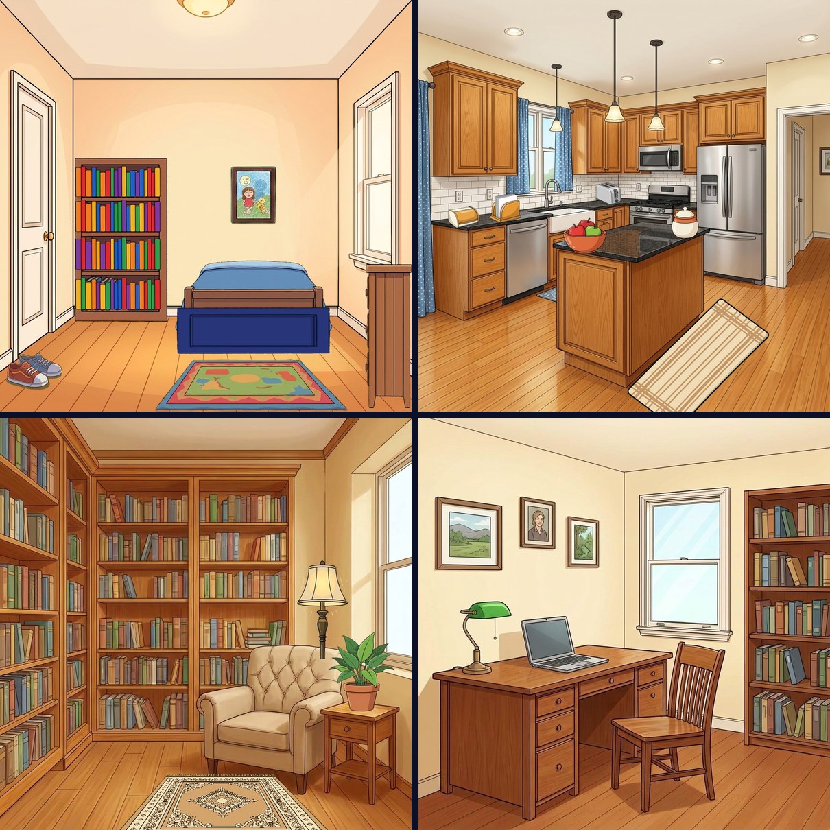 Four rooms from Coin Hunt: a bedroom, a kitchen, a library and a home office, each drawn in full colour