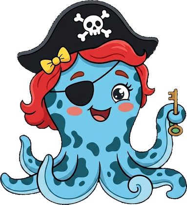 Ruby, a blue octopus in a pirate hat holding a gold key
